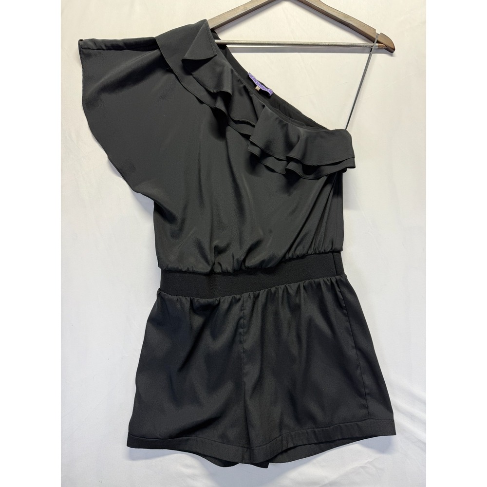 Sugarlips One Shoulder Romper Womens Small Black Ruffle Trim One Piece Night Out